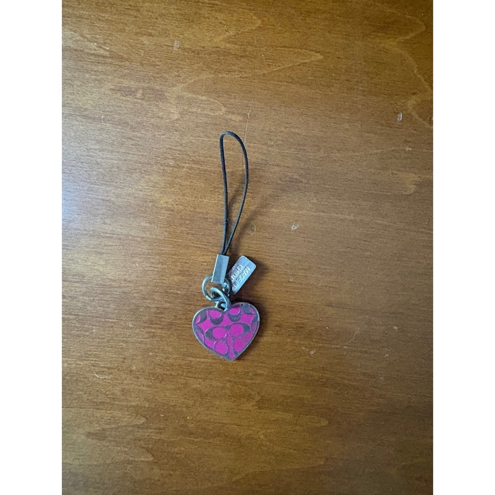 Coach Signature C Heart Phone Charm Pink Enamel‎ Silver Tone Bag Accessory Tag